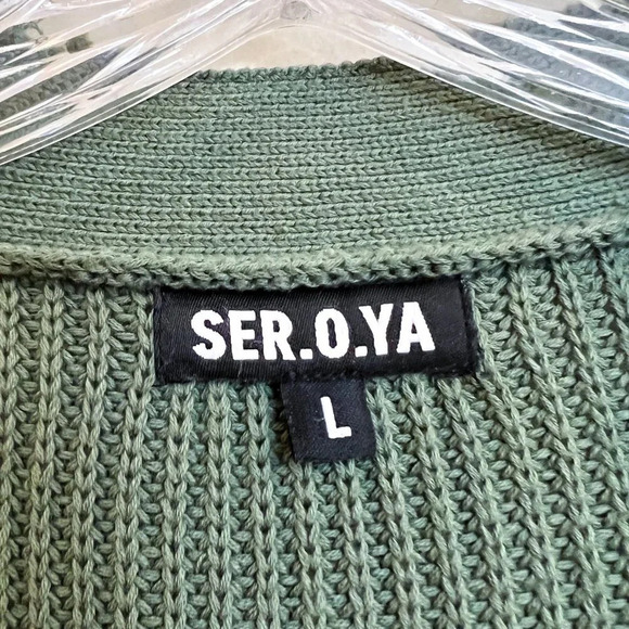 SER.O.YA Amanda Green Knit V Neck Tie Waist Button Down Sweater Maxi Dress L - Picture 10 of 13